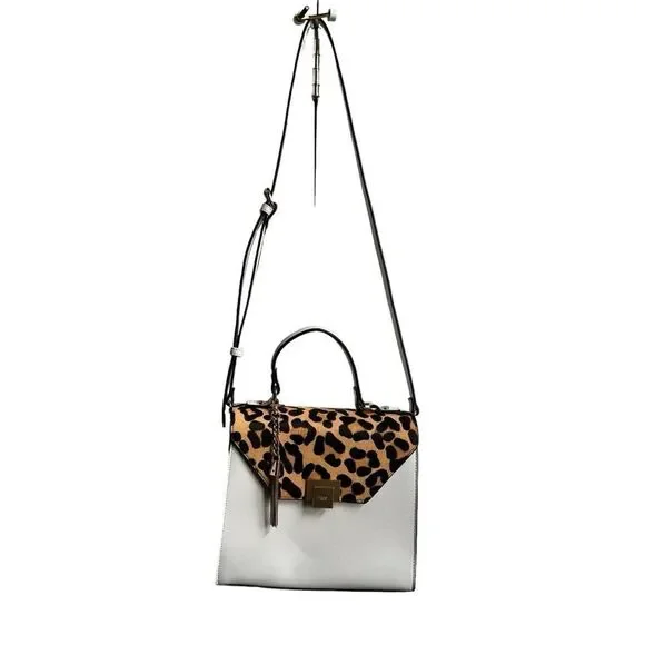 Dune London White Saffiano Leather Leopard Print Calf Hair Fur Trimmed Hand Bag - Picture 9 of 15